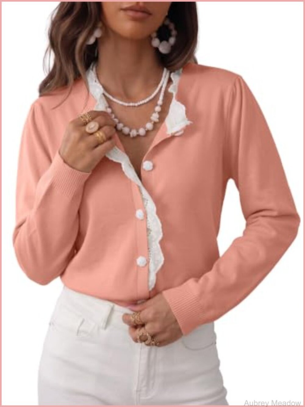 Womens Long Sleeve Lace Trim Button Down Cardigan Sweater